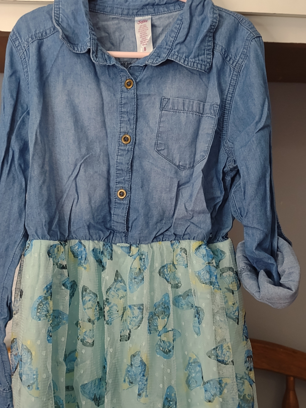 Girls' Size 8 Blue Chambray Top with Butterfly Skirt Dress